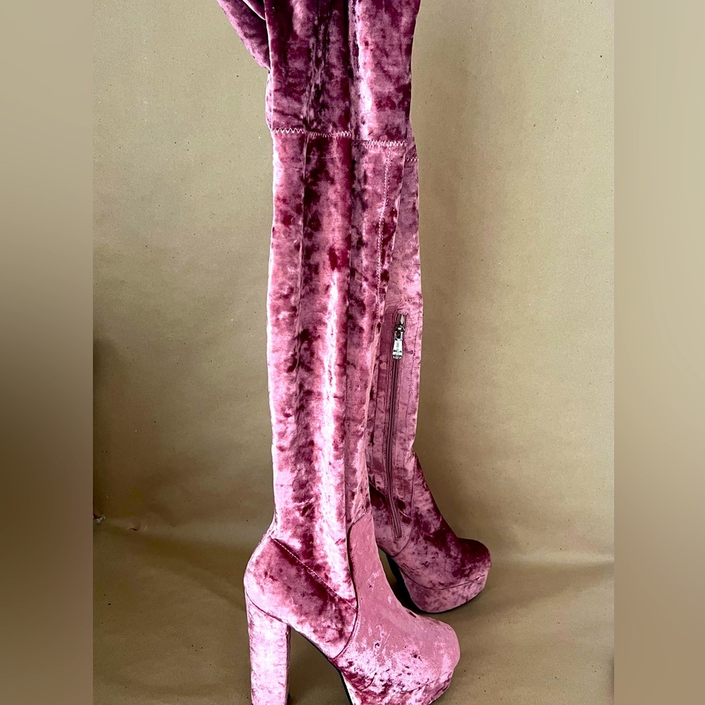 Pink Velvet Over the Knee Boots